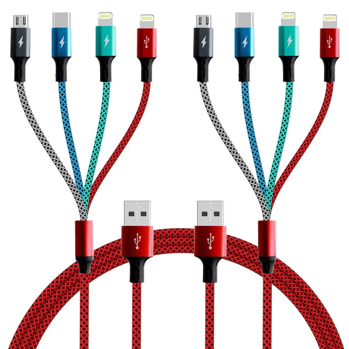 KEHIPI KEHIPI Multi Charging Cable 4A 4-in-1 Nylon Braided Red 6 ft 2-Pack — product photo