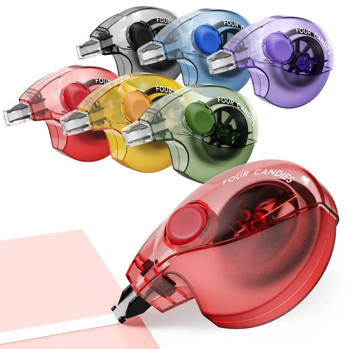 Six white correction tape dispensers with silicone grips, 26.2ft each