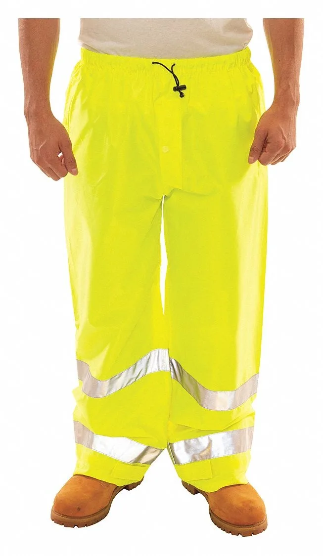High-visibility green and yellow polyurethane rain pants with hook-and-loop ankles and reflective stripes