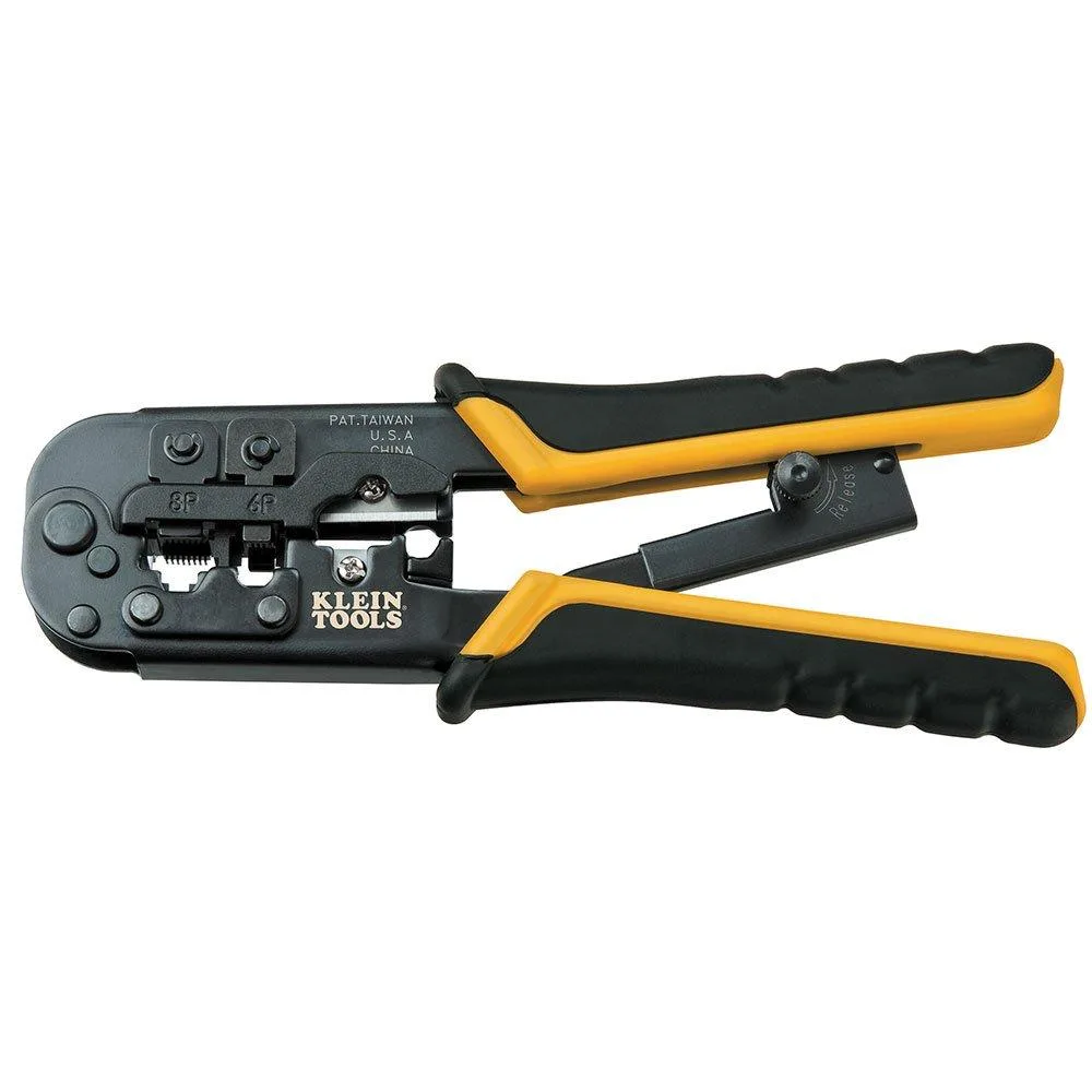 Black ratcheting modular crimper stripper tool with yellow handles, 6.5 by 3.5 by 1.5 inches