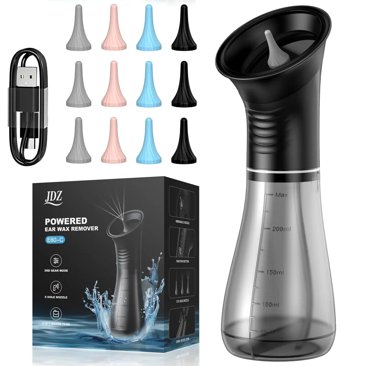 Black handheld ear-care device with integrated dual tanks and 12 silicone nozzles
