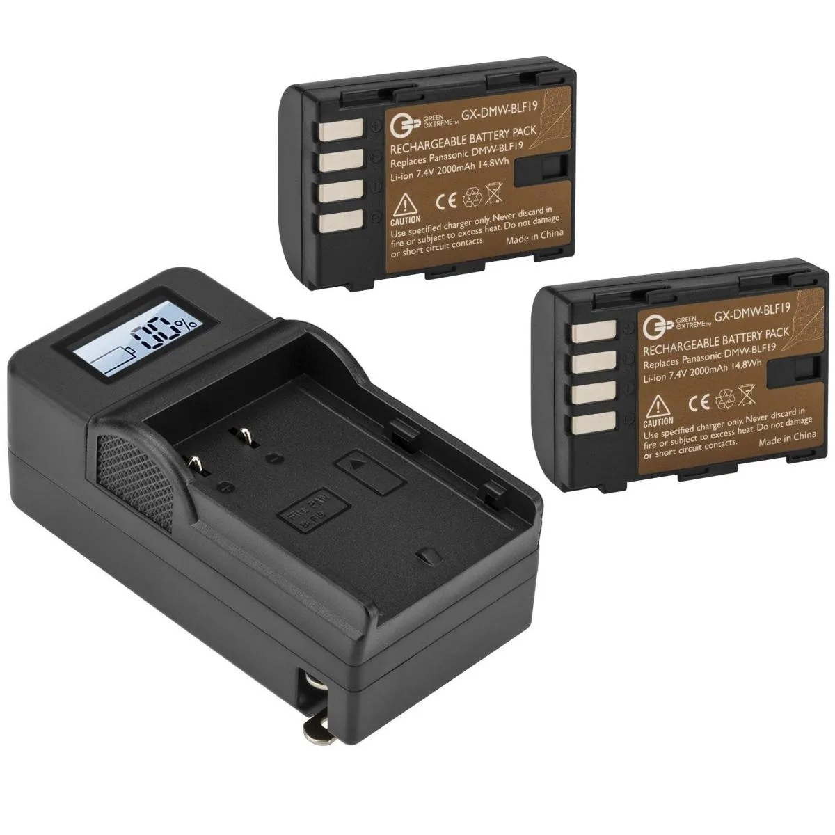Green Extreme Battery Green Extreme Battery DMW-BLF19 2 Pack with Compact Smart Charger 7.4V 2000mAh — product photo