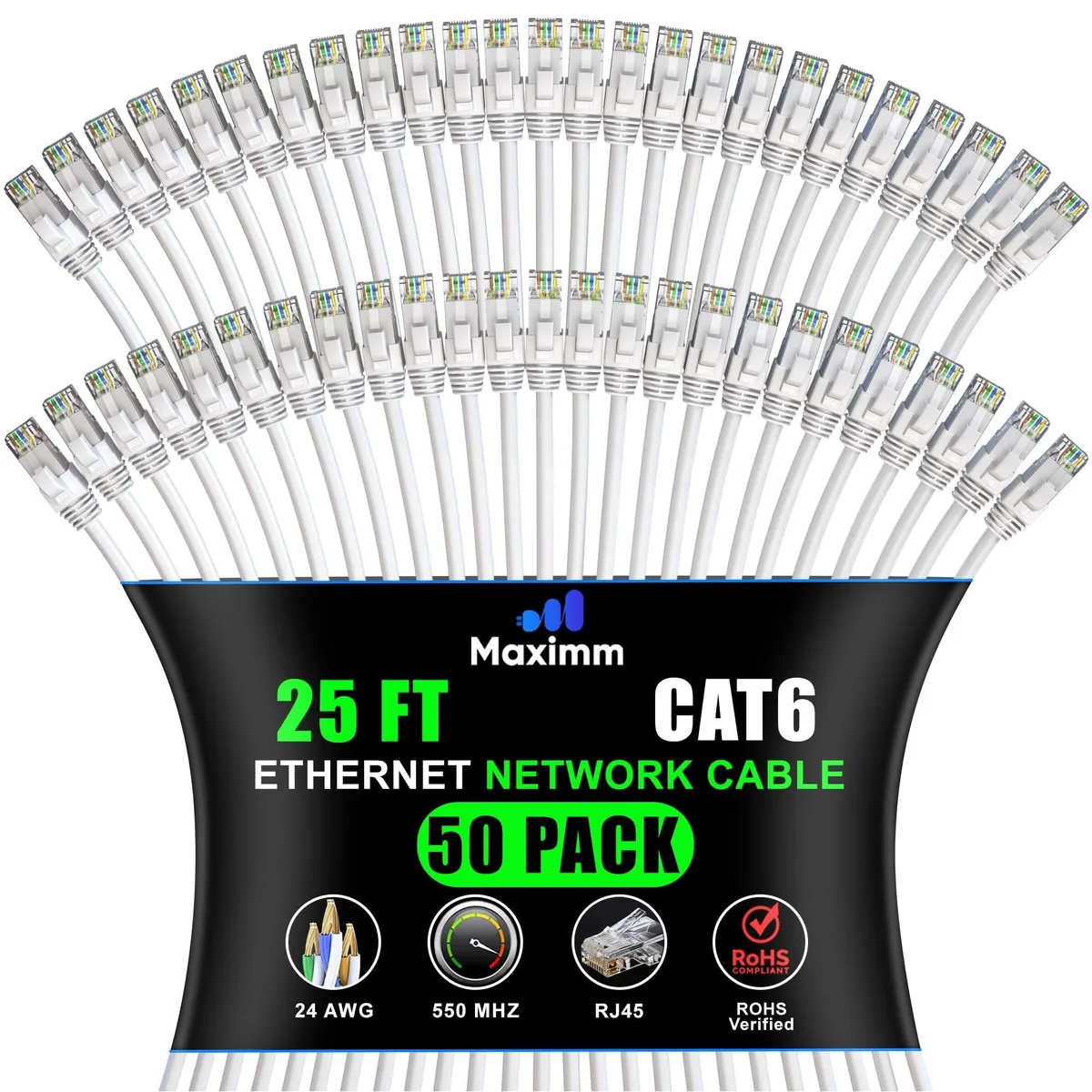maximm maximm Cat 6 Ethernet Cable 25 ft 50 Pack White 2 in 1 accessory — product photo