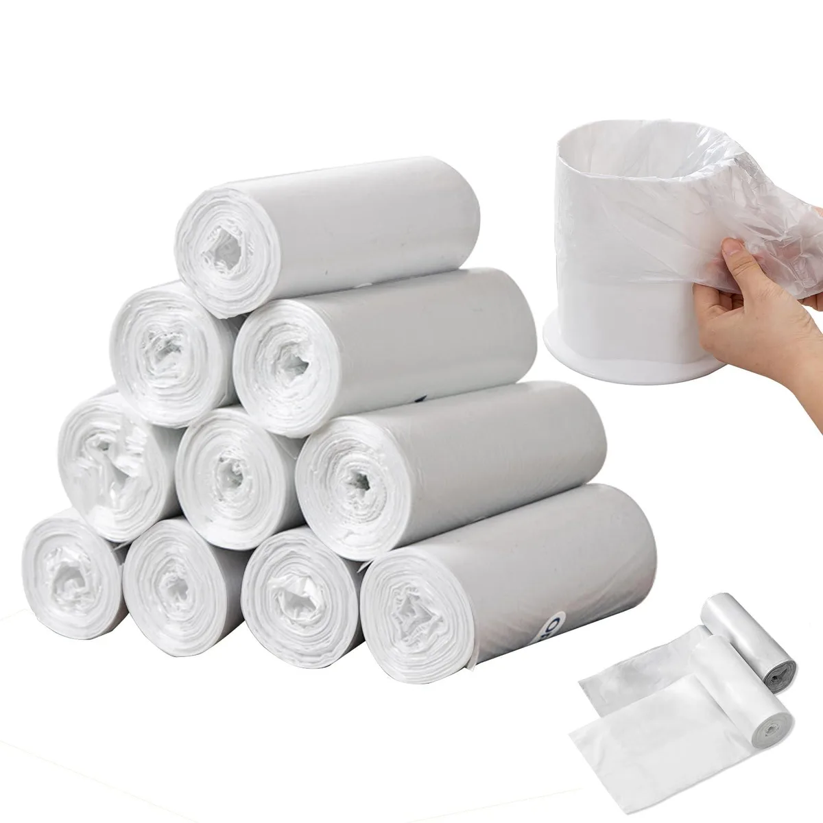 White polyethylene mini trash bags on ten rolls, 300 count total