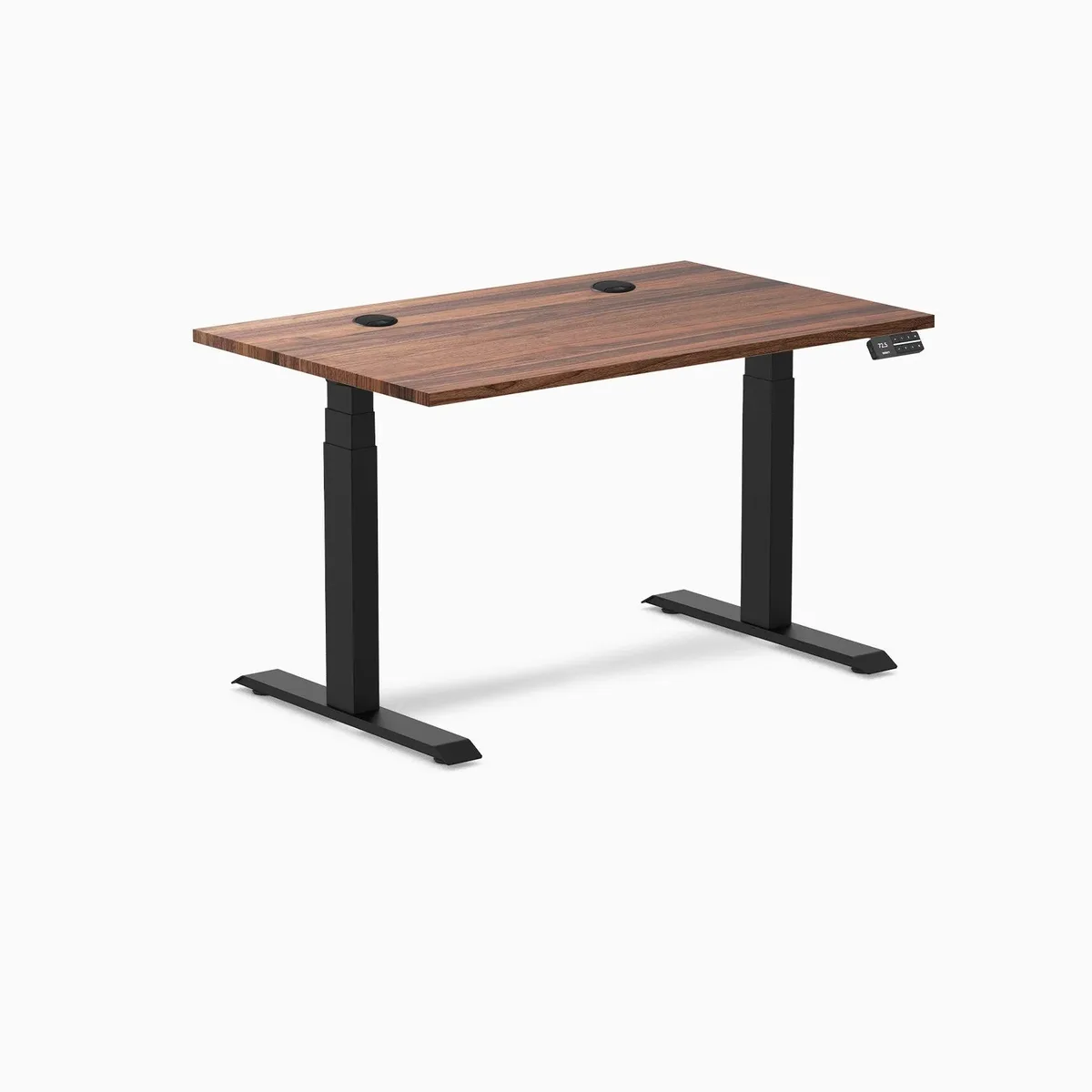 Desky Desky Dual Hardwood Sit Stand Desk Walnut 48 x 30 inches Grommets Matte Black 140 kg capacity — product photo