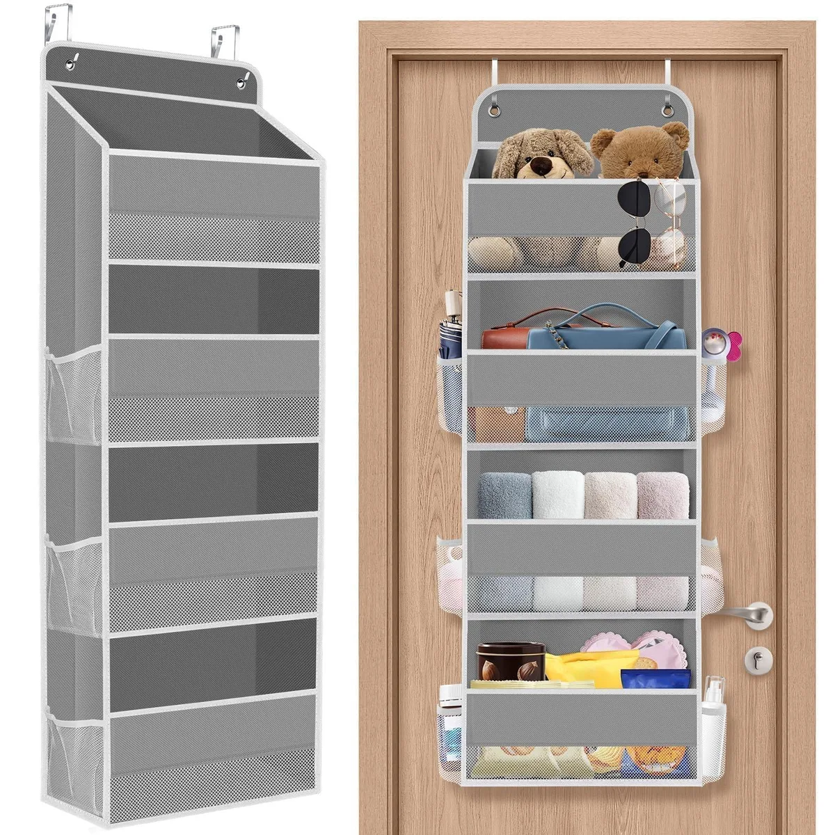 Over-the-door hanging organiser, four mesh pockets, metal hooks, folded flat