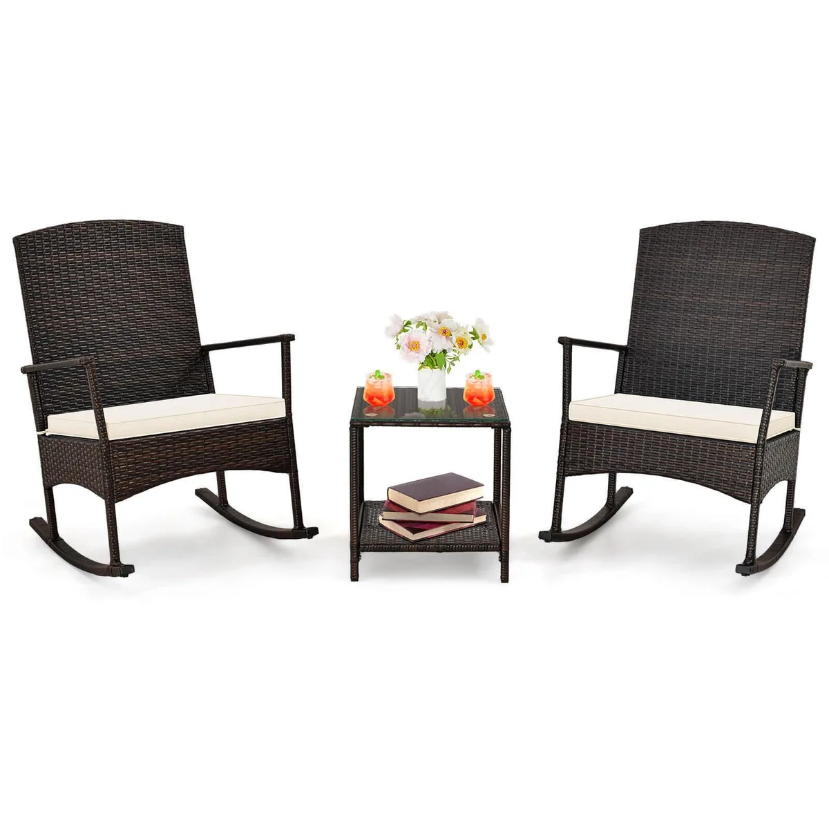 SlickBlue SlickBlue 3 Piece Patio Rocking Set Mix Brown PE Rattan Turquoise Cushions 2-Tier Coffee Table — product photo