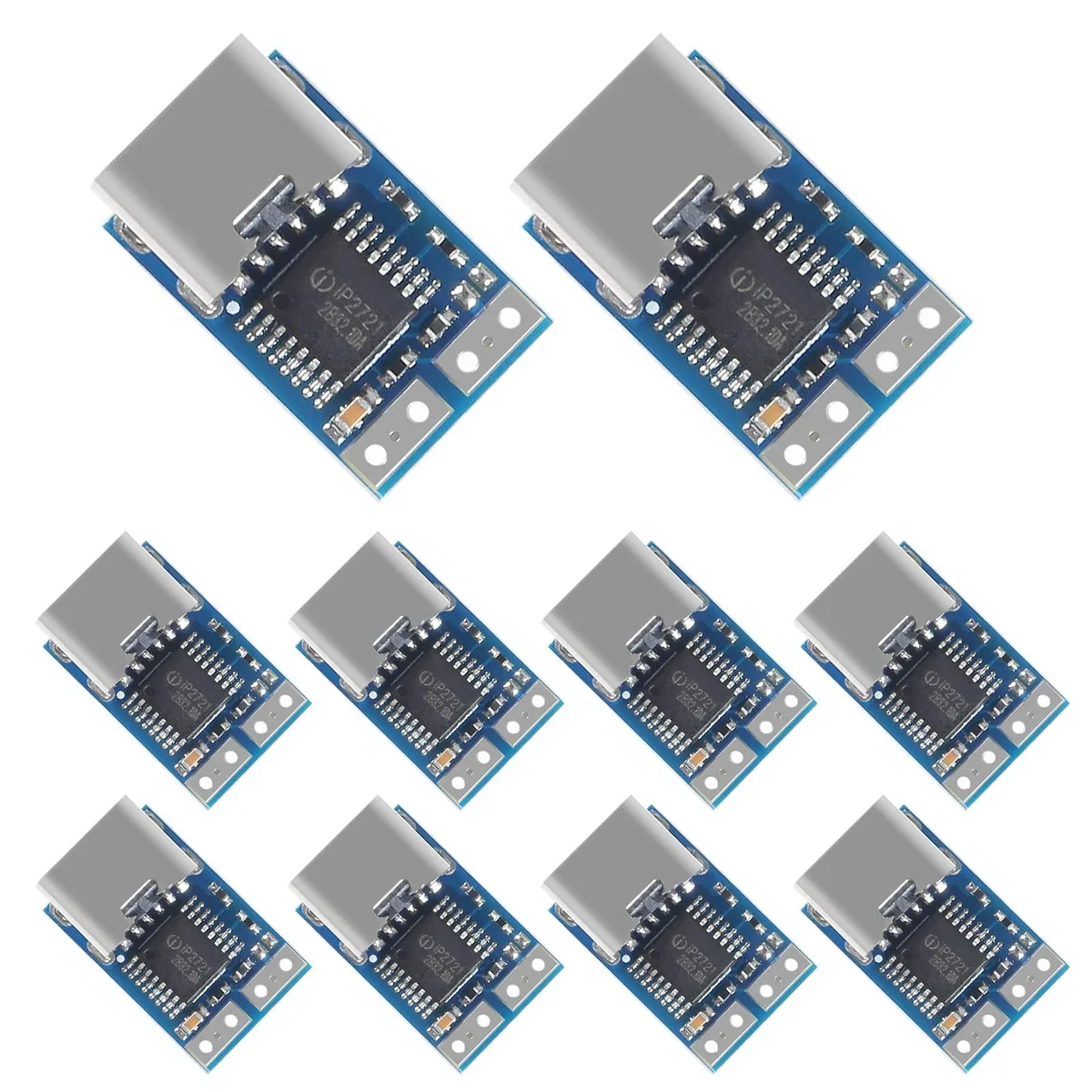 Ten tiny green circuit boards with USB-C ports and 2721 chips