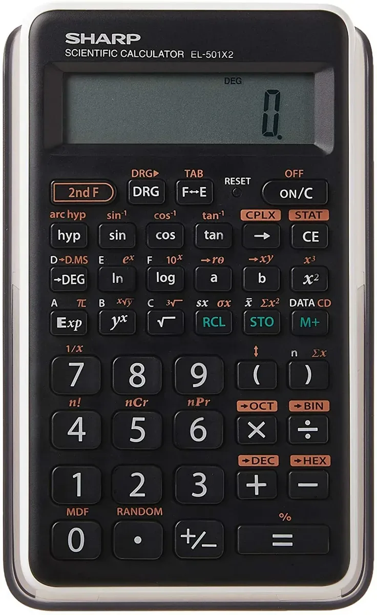 White scientific calculator with 10-digit LCD display and hard cover