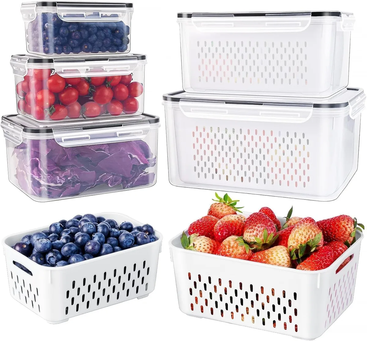 Set of five black rectangular food containers with lids and inner colanders