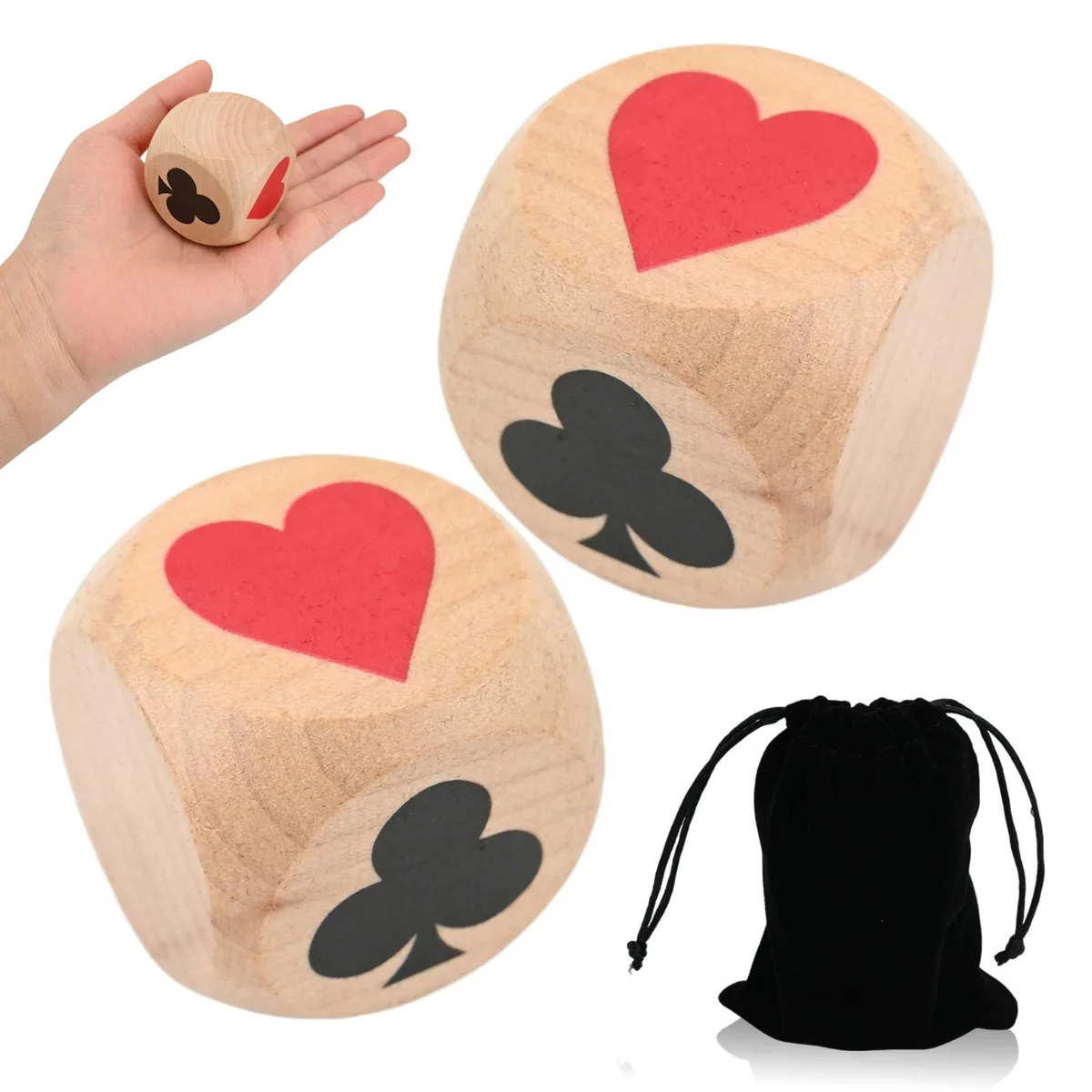 Two 1.57 inch wooden dice with suit markings and black velvet storage bag