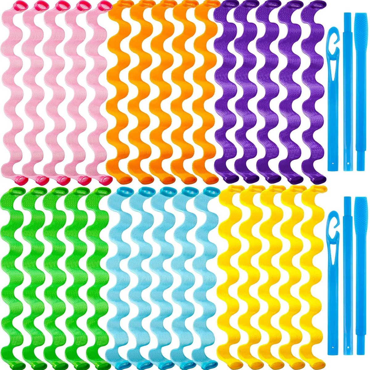 Thirty mixed-colour spiral curlers and two hooks laid flat