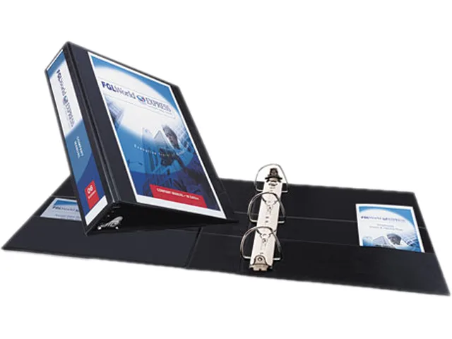 Black 2-inch slant-ring view binder with clear overlay and two inside pockets