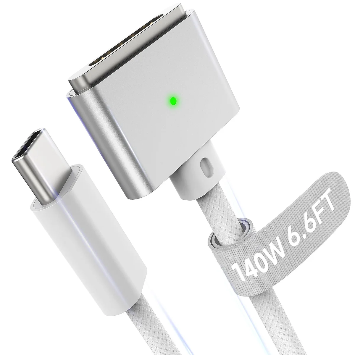White braided USB-C to magnetic 3 cable, right-angle connector, 6.6 ft length