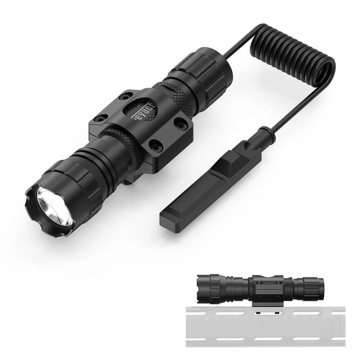 Black cylindrical tactical flashlight with M-Lok rail mount and pressure switch