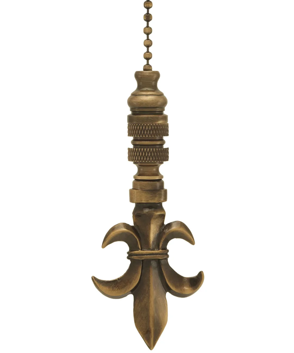 Antique brass fleur-de-lis ceiling fan pull, 3.2 inches tall, 12-inch beaded chain
