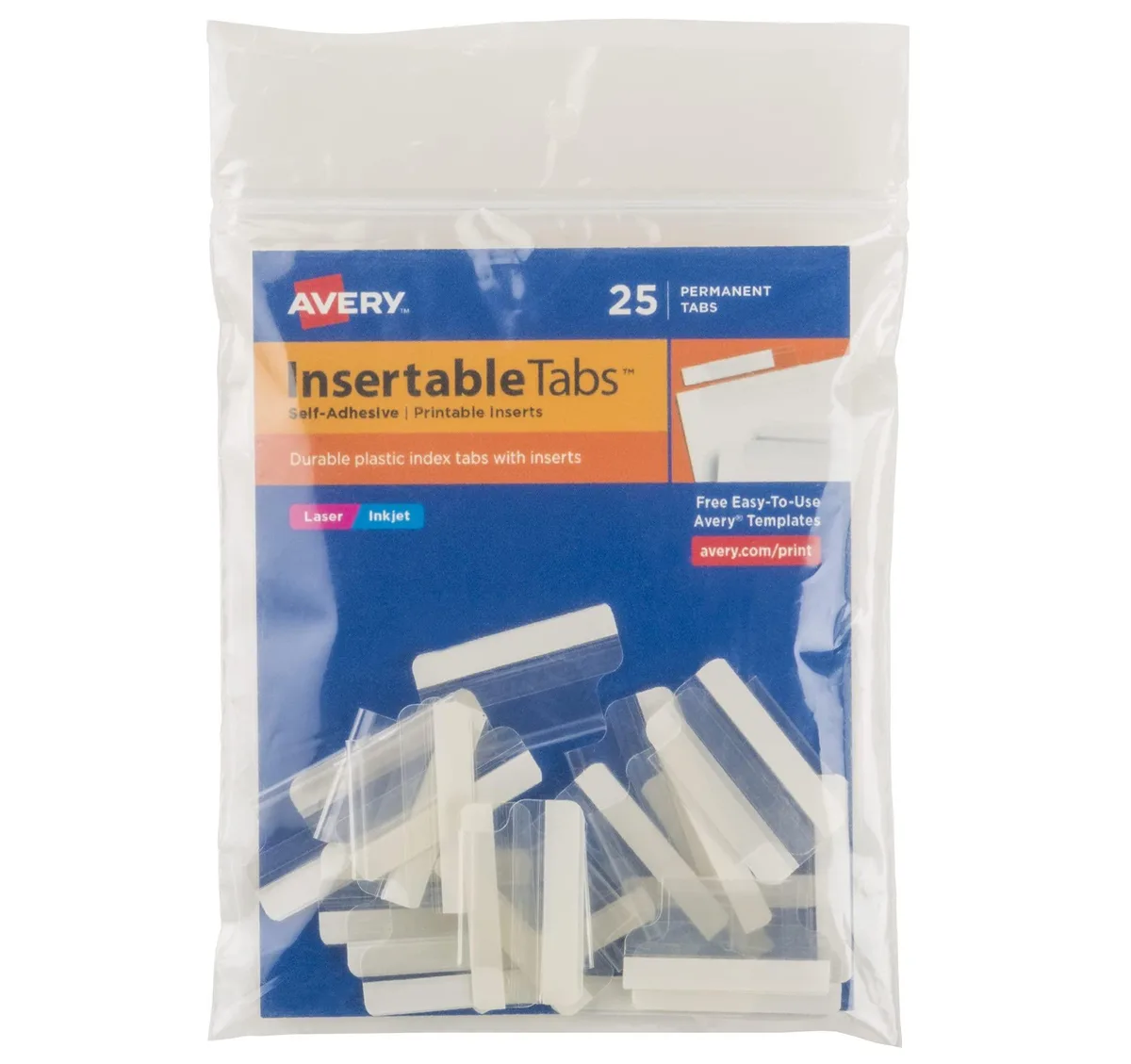 Clear self-adhesive index tabs with printable inserts, pack of 25