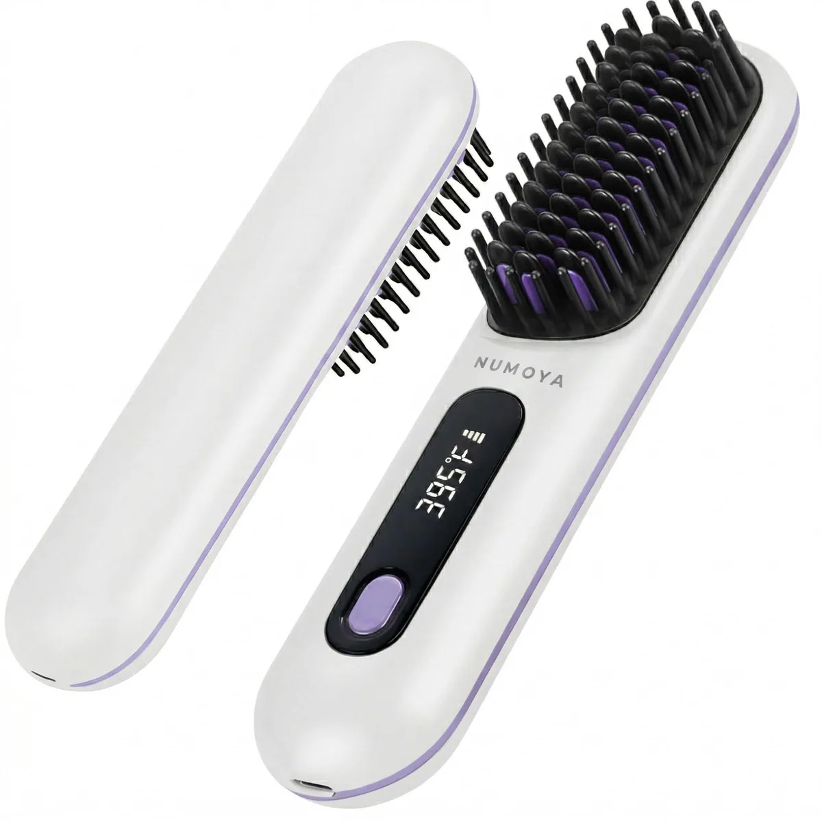 White cordless straightening brush with ceramic bristles and USB-C charging