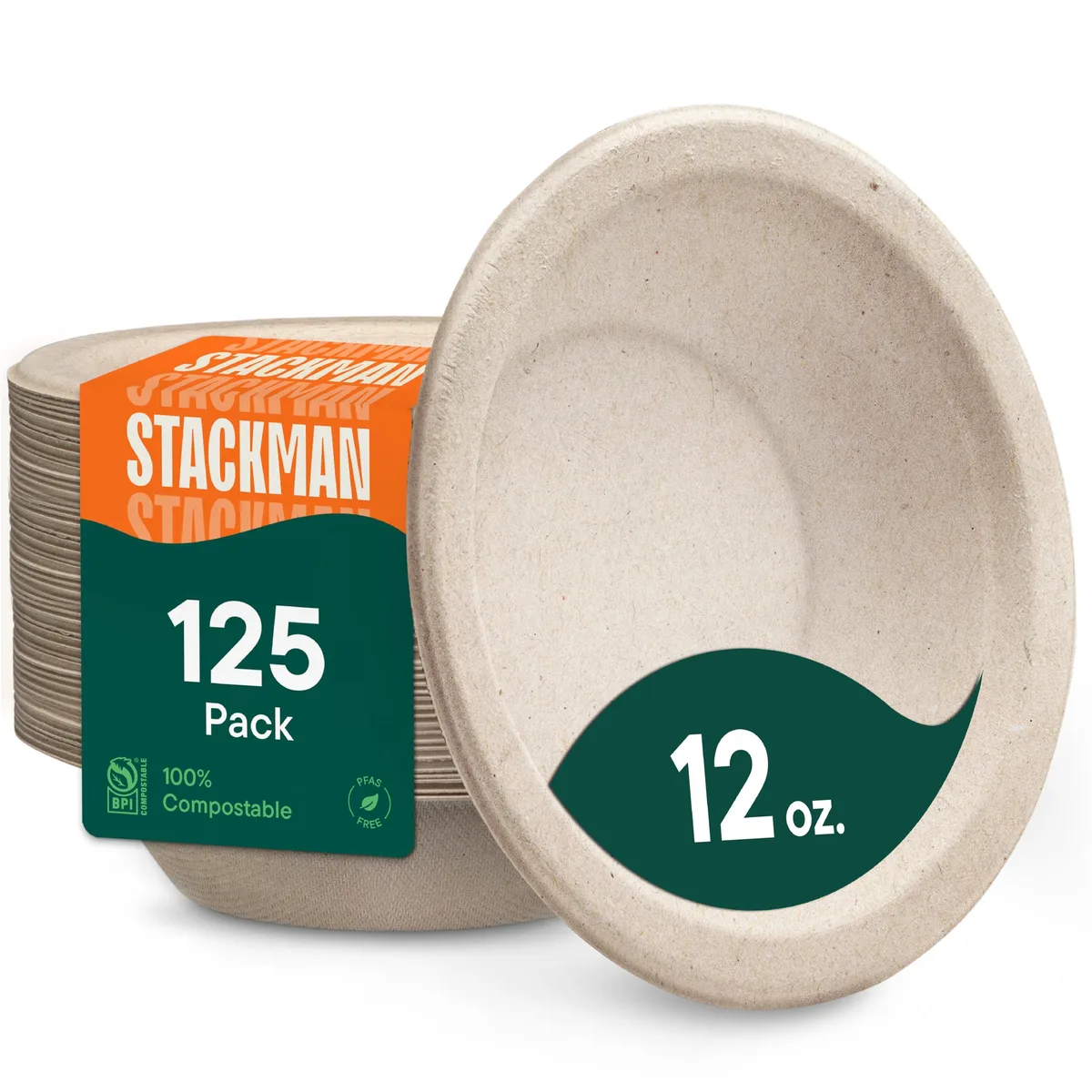 Stack of 125 round brown bagasse bowls in a rectangular box