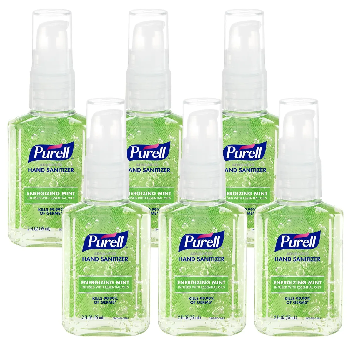 Six clear 2 fl oz pump bottles of mint gel in a rectangular pack