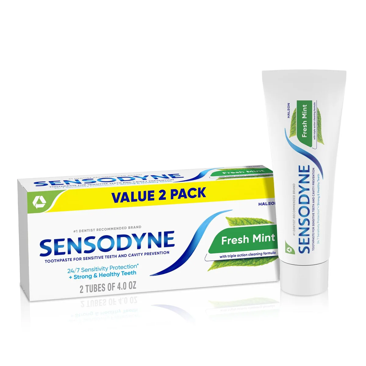 Two white 4 oz toothpaste tubes in fresh mint packaging