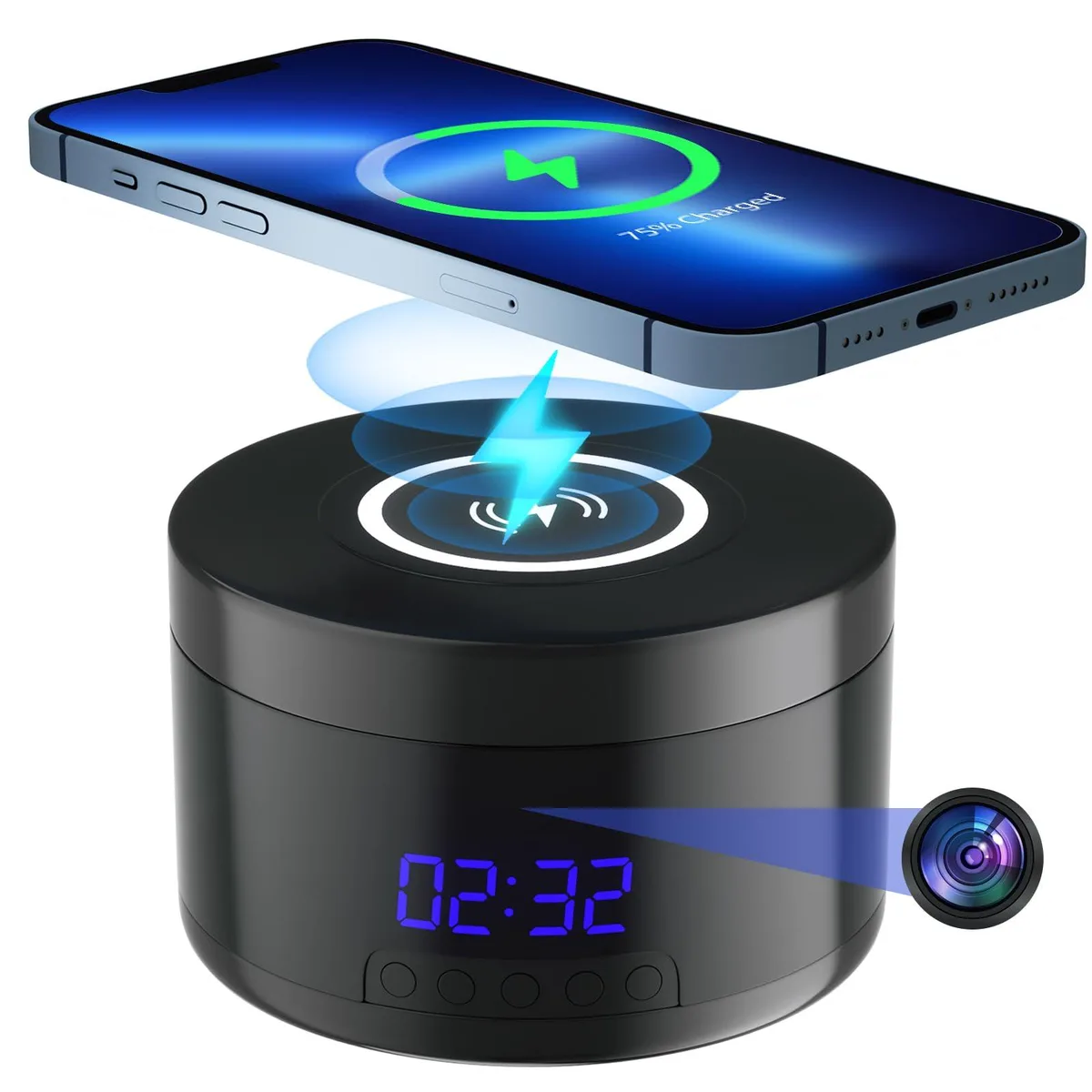  Clover Q7-001 Indoor Camera Clock Wireless Charger 1080p 160° 15W 2.4G Black — product photo