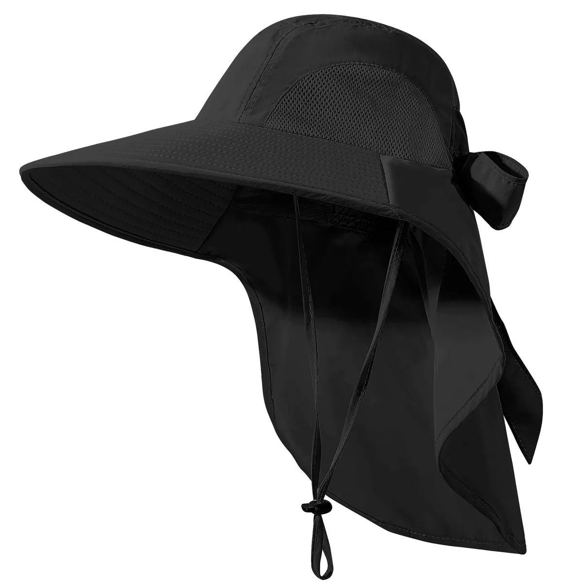 Womens Sun Hat UV Protection Foldable Waterproof Wide Brim Bucket Hat with Neck Flap Black — product photo
