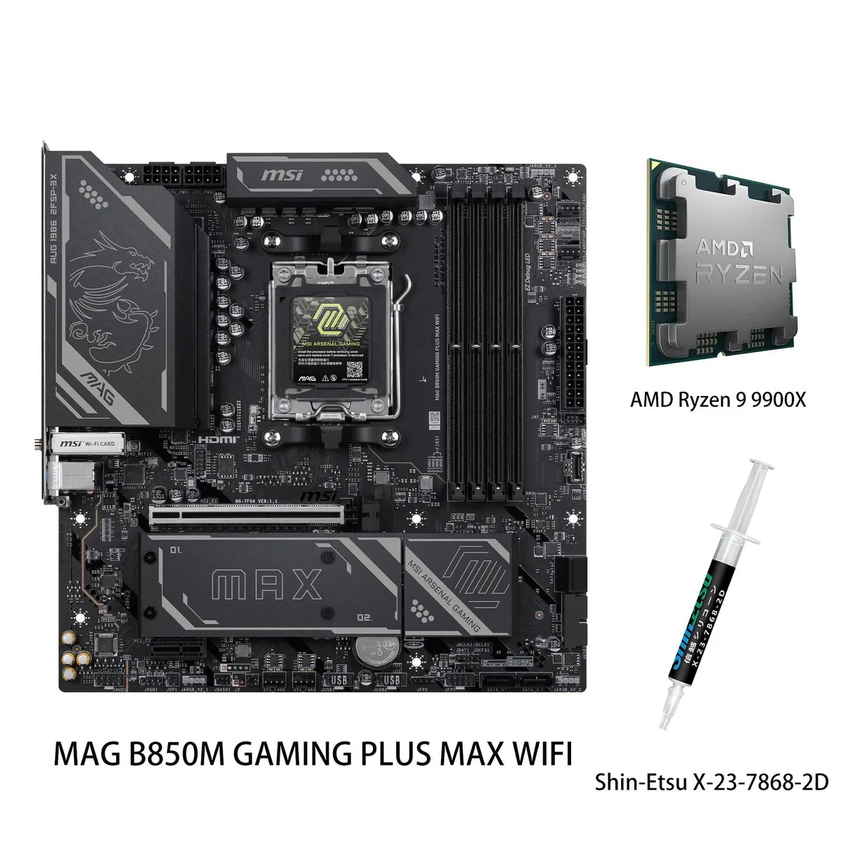MSI MSI MAG B850 GAMING PLUS MAX WIFI AMD motherboard &amp; Ryzen 9 9900X CPU combo — product photo
