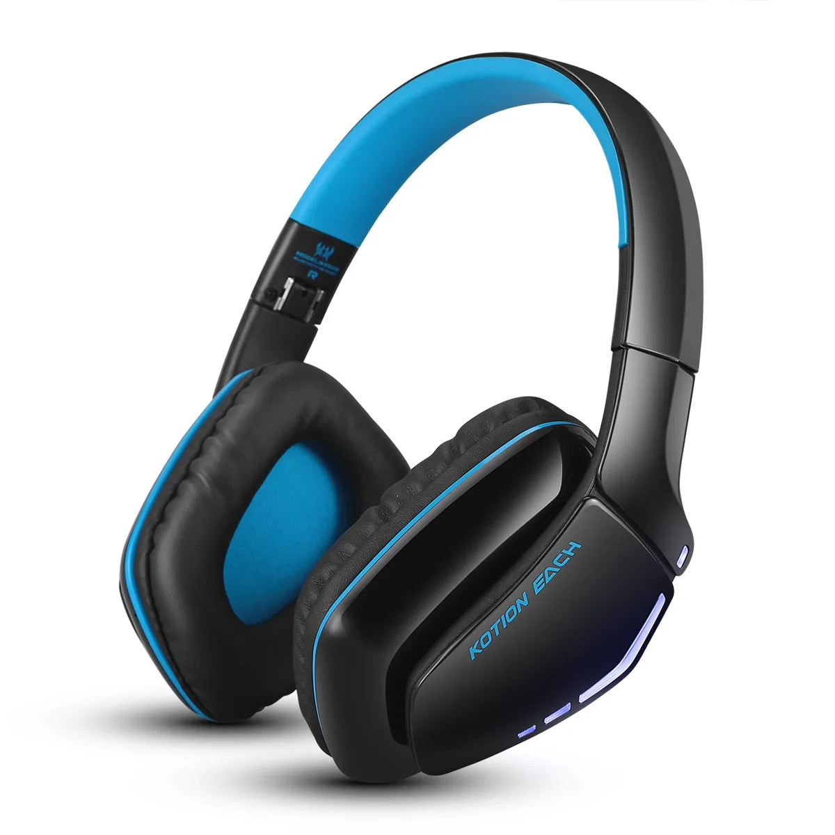 Black and blue foldable over-ear gaming headset with padded headband and ear cups