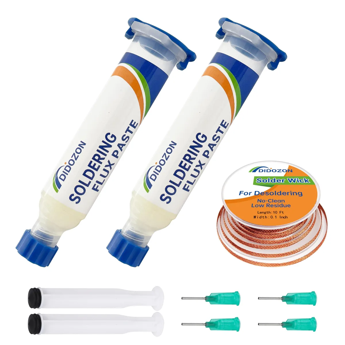 Two 10cc flux paste syringes and a spool of solder wick