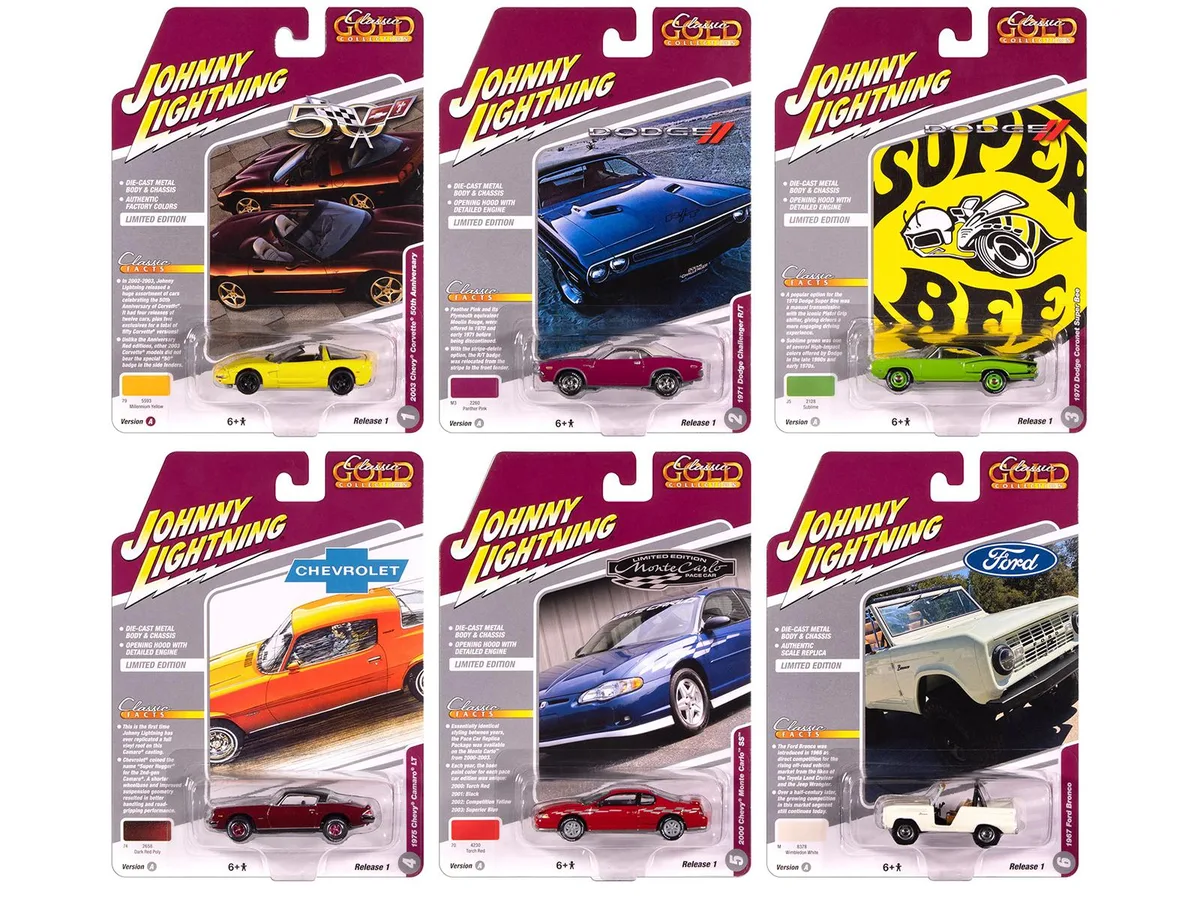 JOHNNY LIGHTNING JOHNNY LIGHTNING Classic Gold Collection 2025 Release 1 Set A 6 Cars 1/64 Diecast Hobby Collectible — product photo