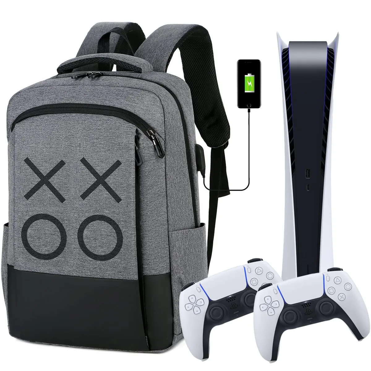 Gray nylon gaming backpack with USB port, padded straps and multiple zip pockets