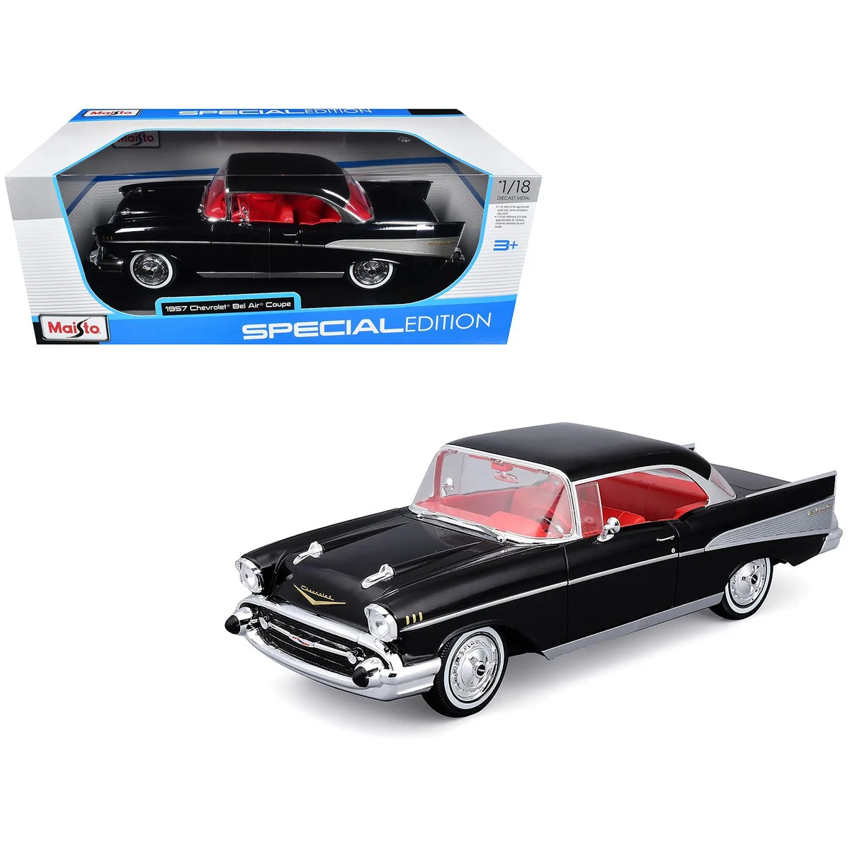 Maisto Maisto 1957 Chevrolet Bel Air Coupe Black Red Interior Special Edition 1/18 Diecast Hobby Collectible — product photo