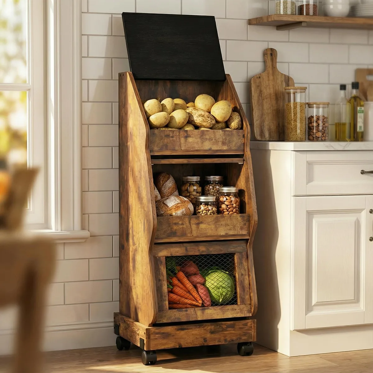 Rustic engineered-wood cabinet with three wire shelves, four wheels, 12 by 15 by 36 inches