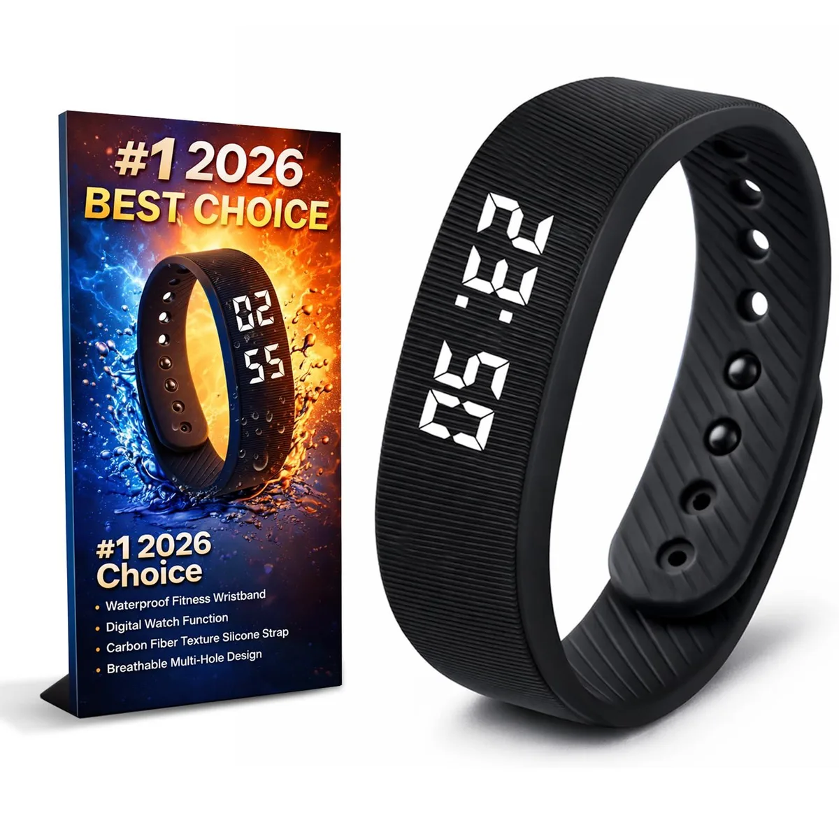 Black rectangular smartwatch with 1.04 inch screen and matching band