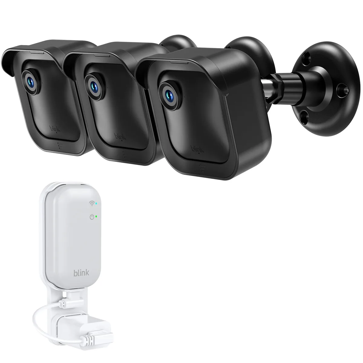 Three white plastic camera mounts with adjustable brackets on a wall