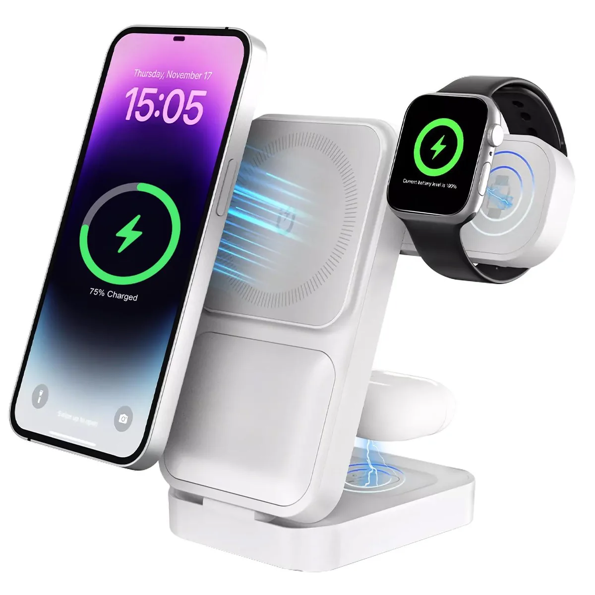 White foldable 3-in-1 MagSafe charging stand with phone, watch and earbud pads
