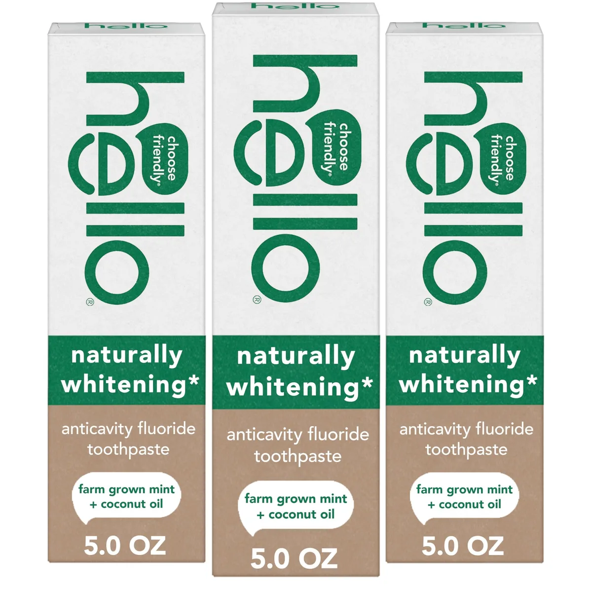 Three white 5.0 oz toothpaste tubes with mint branding