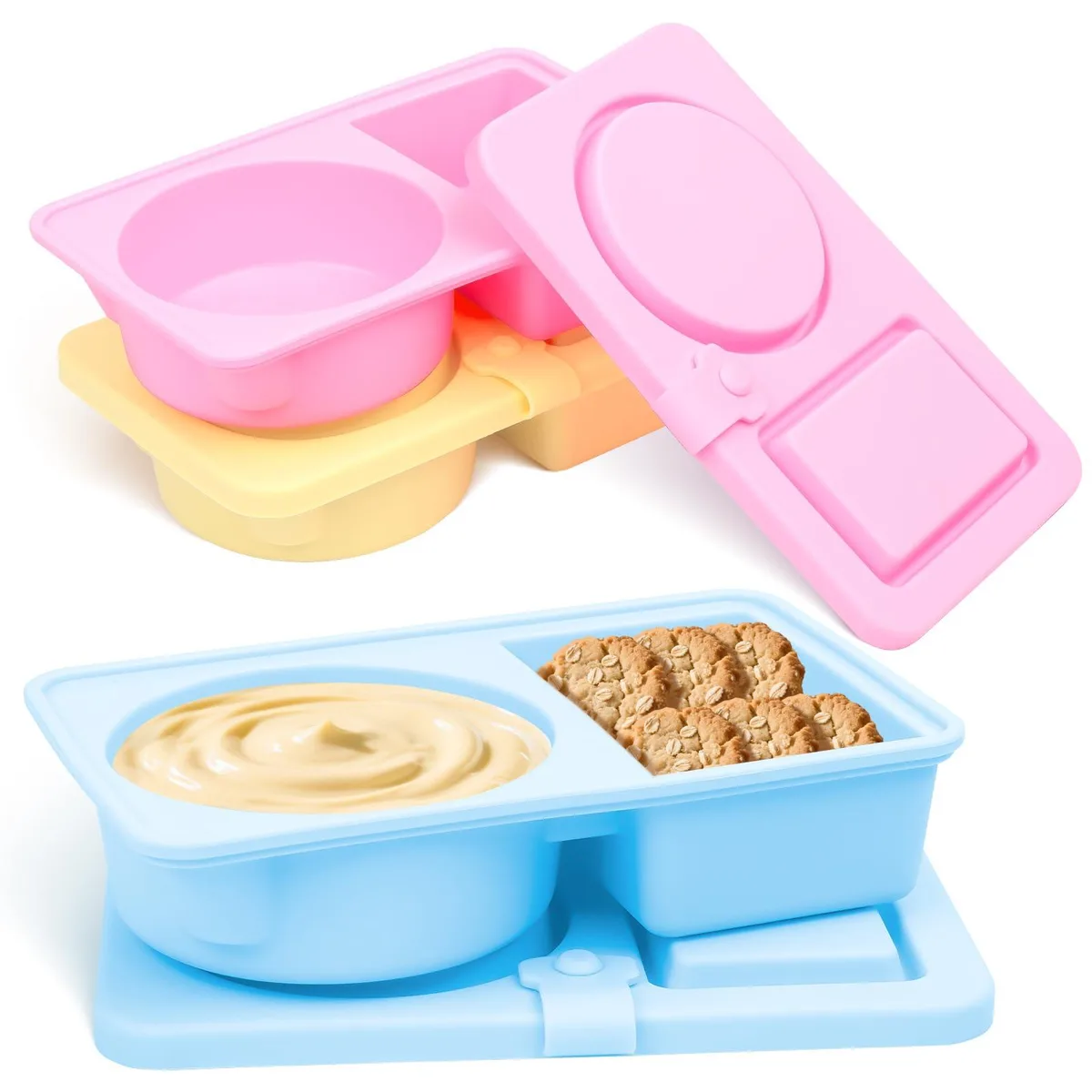 Three small silicone snack containers with dual compartments and lids