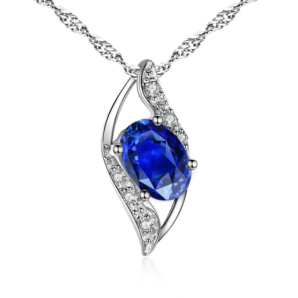 Mabella Fashion Mabella Fashion Sterling Silver Simulated Blue Sapphire Oval Cut Leaves Shape Pendant Necklace 18 in — product photo