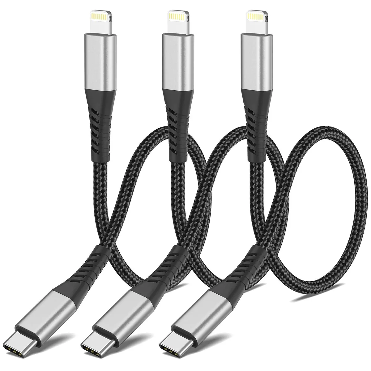 Three black nylon-braided USB-C to Lightning cables, each twelve inches long