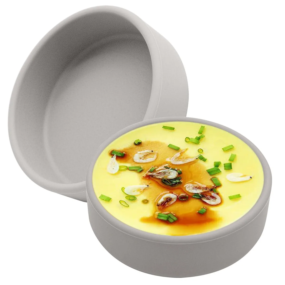 Two grey silicone egg moulds, 10 cm round, 3.2 cm high