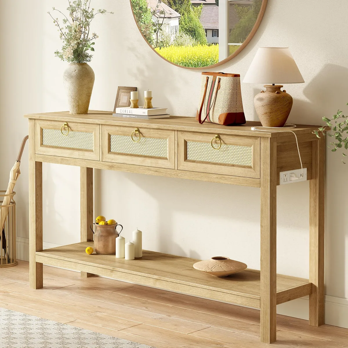  SUPERJARE Rattan Console Sofa Table with Outlets and USB-C Port, 3 Drawer, Natural — product photo