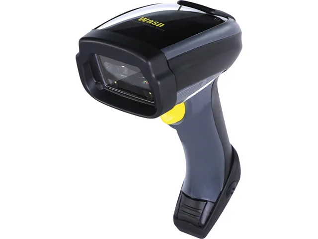 Yellow and black handheld wireless 2D barcode scanner with charging base
