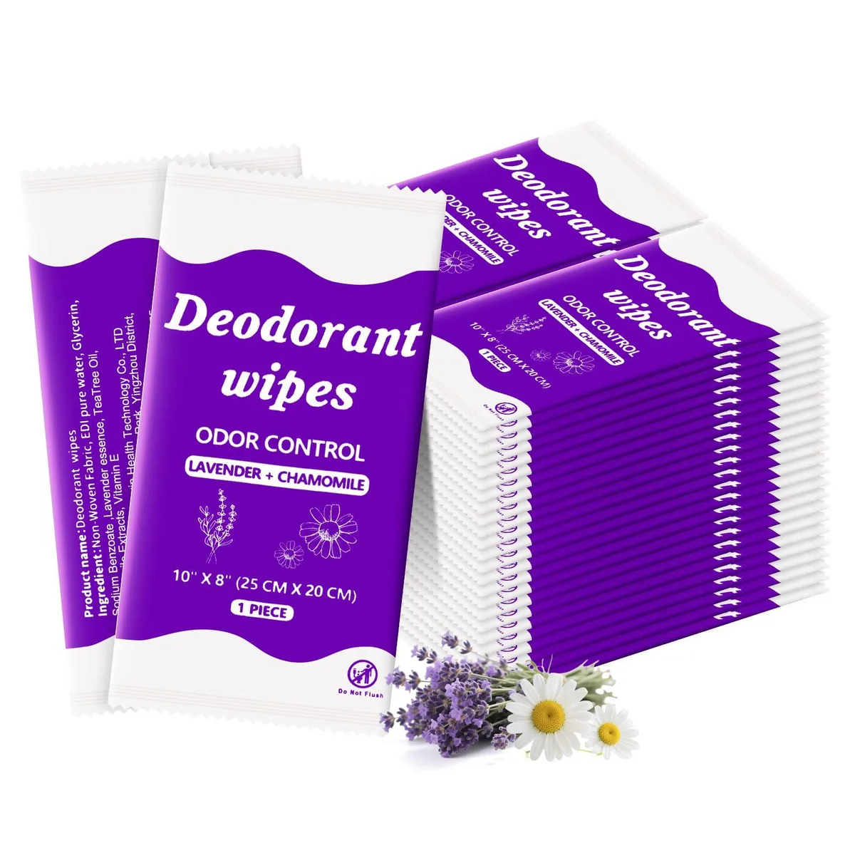 Box of 100 individually wrapped purple wipes, lavender chamomile scent