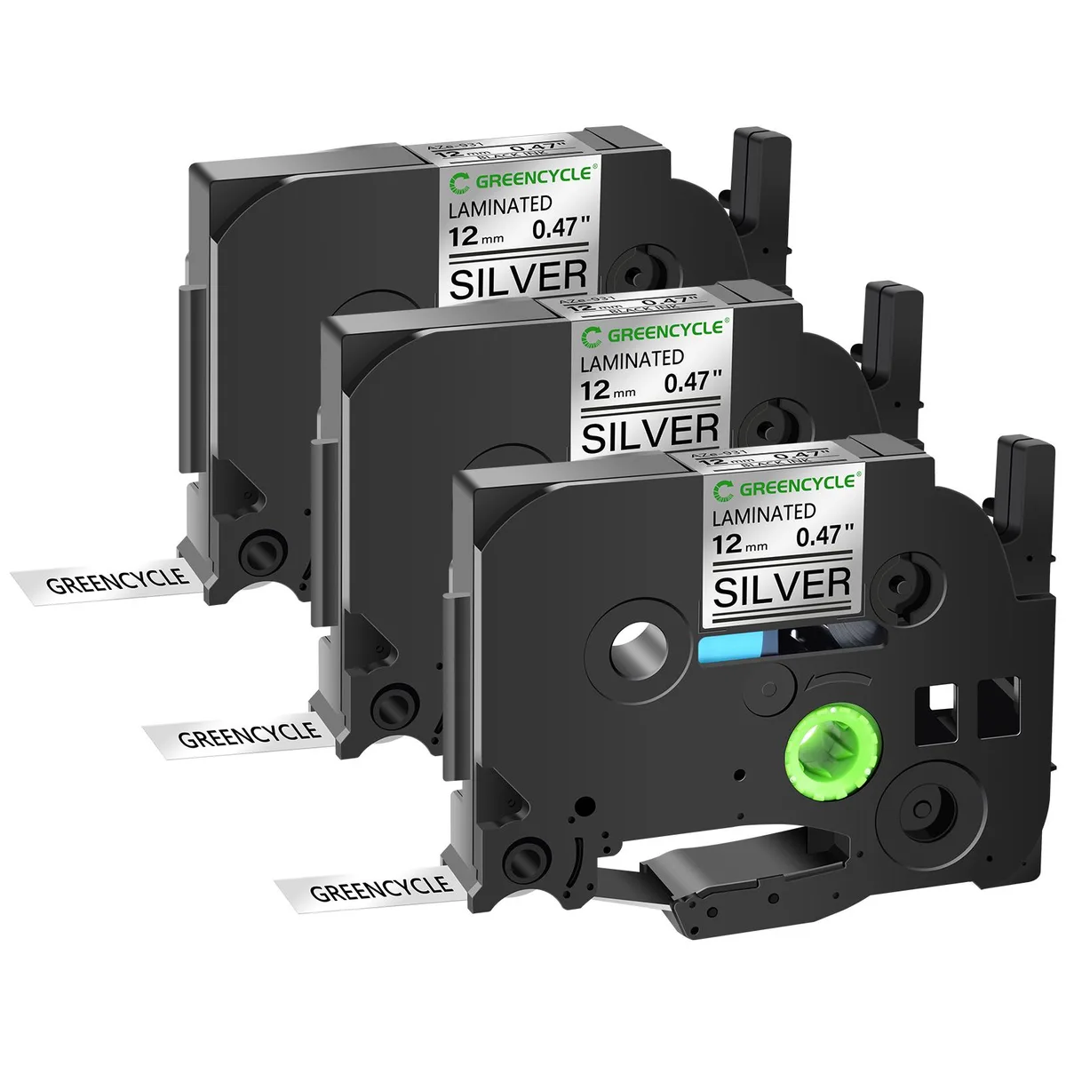 GREENCYCLE GREENCYCLE TZe-931 12mm 26.2ft Black on Silver laminated label tape 3 pack — product photo