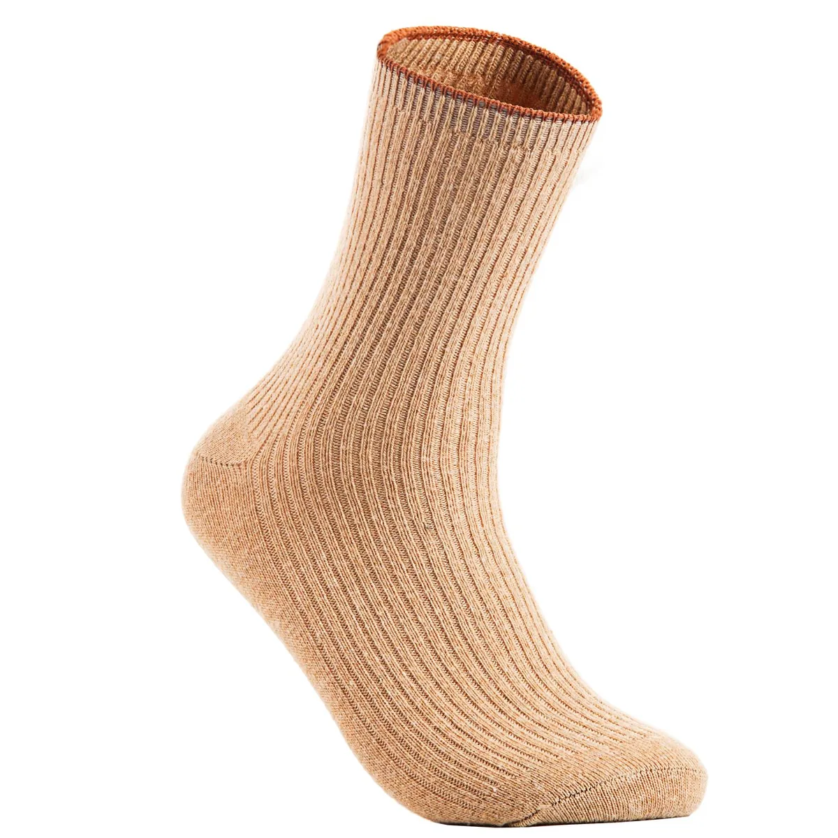 Six pairs of beige wool crew socks folded together