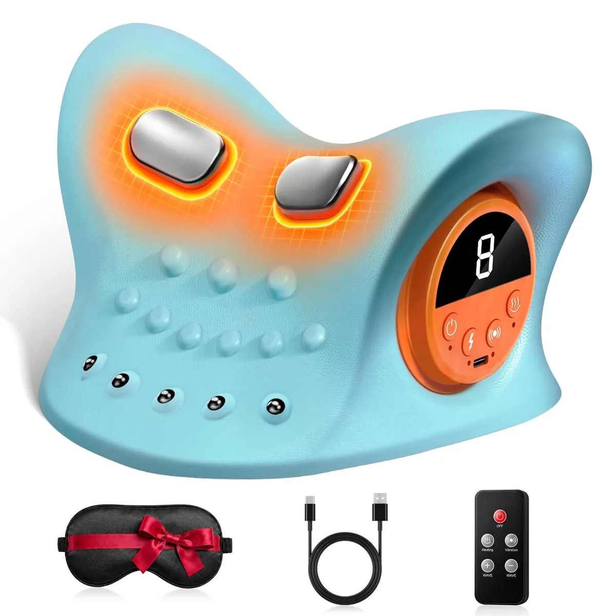 Blue cordless neck massager, wrap-around U-shape, smooth polyurethane finish