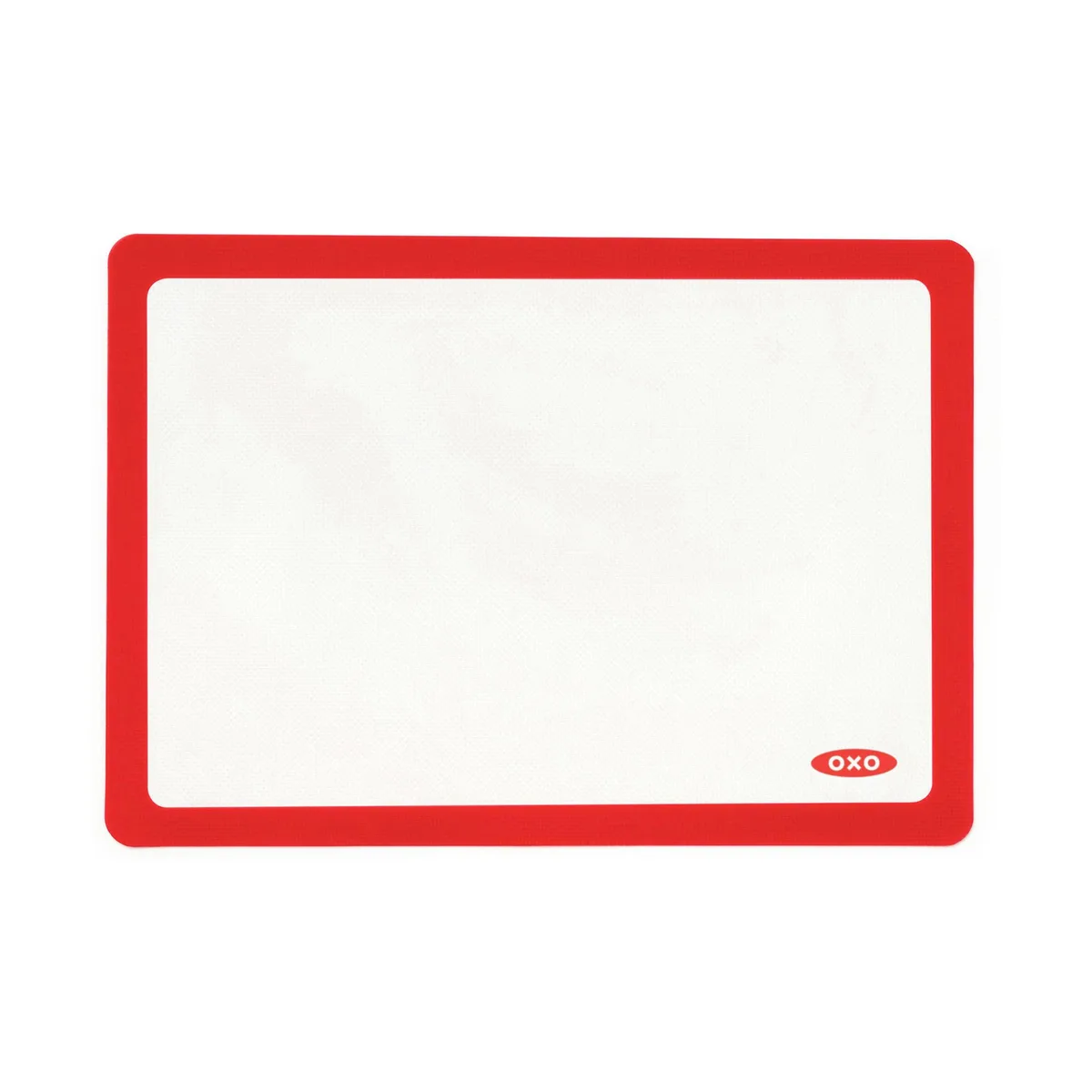 Rectangular light-grey silicone baking mat with basketweave texture, 11.5 by 16.5 inches