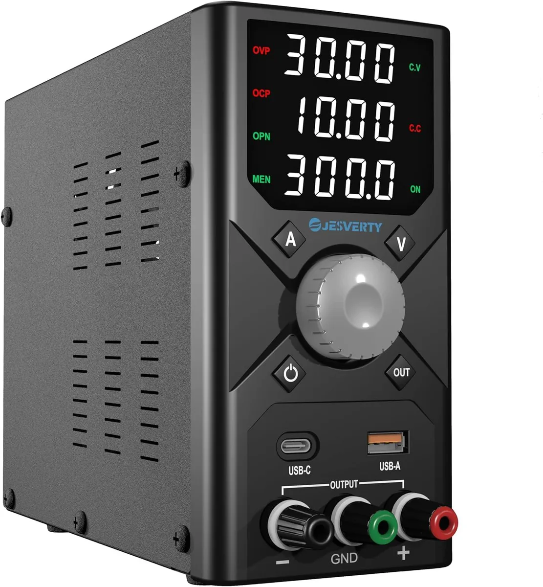 Compact bench power supply with encoder knob, four-digit LED display, USB-A and USB-C ports, grey metal casing